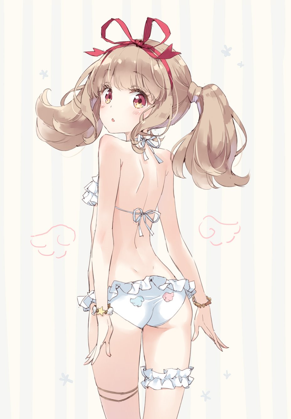 1girl, :o, aikatsu!_(series), aikatsu_on_parade!, ass, back, bikini, blunt_bangs, blush, bracelet, chestnut_mouth, commentary_request, cowboy_shot, female_focus, frilled_bikini, frilled_thigh_strap, frills, from_behind, hair_ribbon, highres, jewelry, kani_biimu, kiseki_raki, light_brown_hair, long_hair, looking_at_viewer, looking_back, open_mouth, red_eyes, ribbon, sidelocks, simple_background, solo, star_(symbol), star_bracelet, striped_background, swimsuit, thigh_scrunchie, thigh_strap, twintails, white_bikini, wing_print