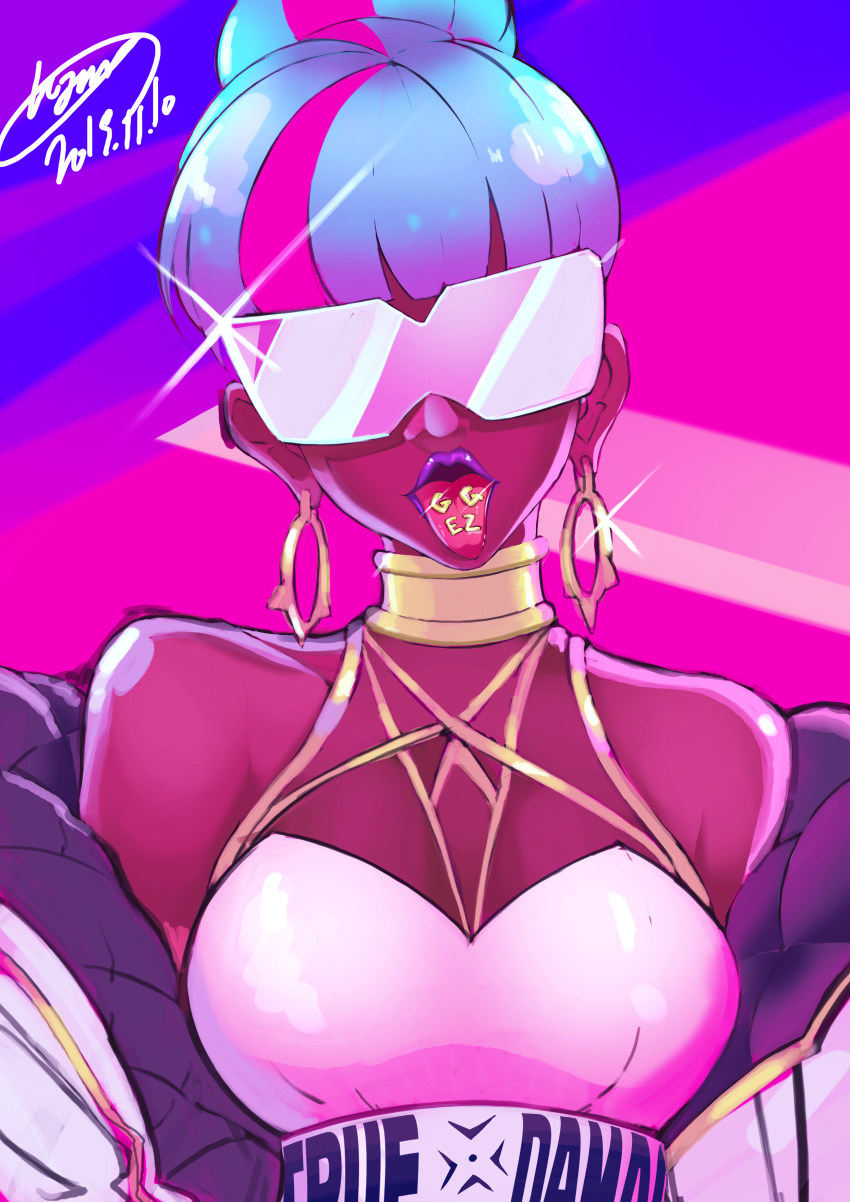 1girl, absurdres, blue_hair, blunt_bangs, breasts, cleavage, commentary_request, dark-skinned_female, dark_skin, earrings, female_focus, fomyu_(formula), glasses, hair_bun, head_tilt, highres, hoop_earrings, jewelry, league_of_legends, lipstick, looking_at_viewer, makeup, medium_breasts, multicolored_hair, neck_ring, opaque_glasses, piercing, pink-tinted_eyewear, pink-tinted_glasses, pink_hair, purple_lips, qiyana_(league_of_legends), rimless_eyewear, short_hair, single_hair_bun, solo, sunglasses, tinted_eyewear, tongue, tongue_out, tongue_piercing, true_damage_(league_of_legends), true_damage_qiyana, two-tone_hair, upper_body, visor
