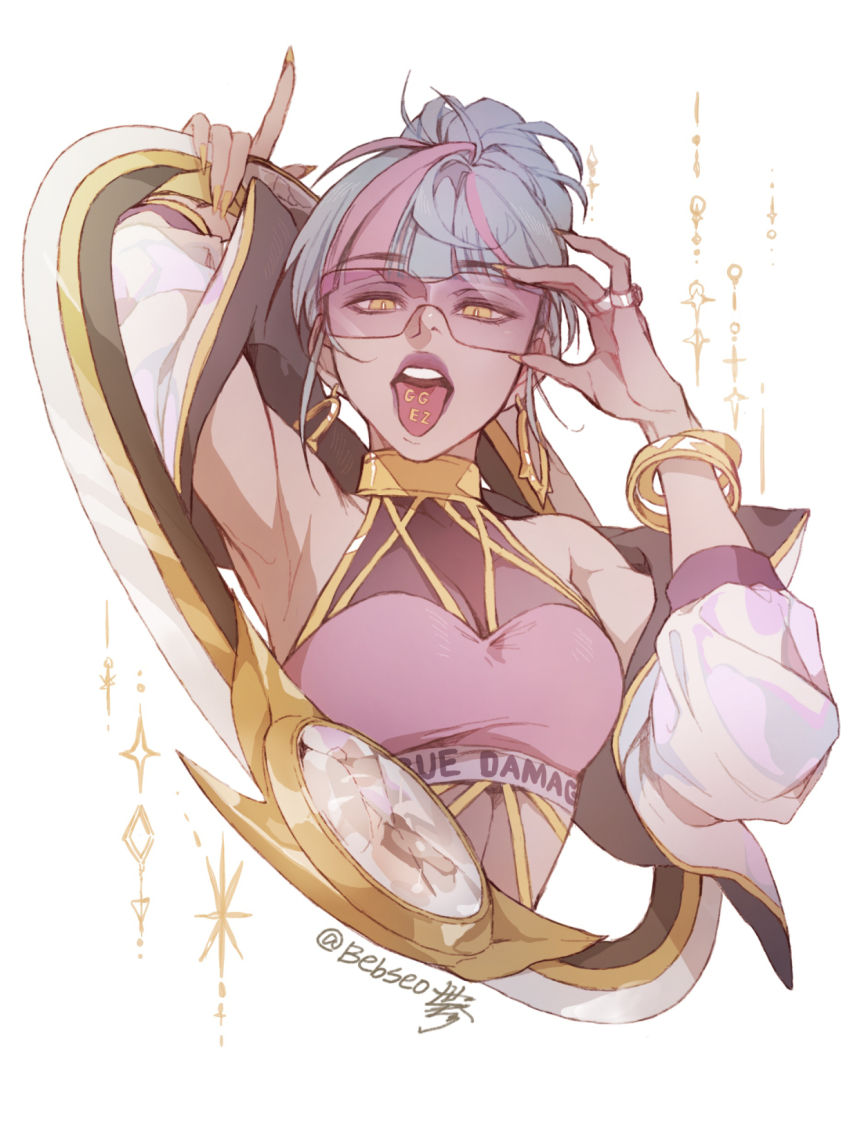 1girl, adjusting_eyewear, adjusting_glasses, arm_up, armpits, bangle, bebseo, blue_hair, bracelet, breasts, commentary, dark-skinned_female, dark_skin, earrings, english_commentary, female_focus, fingernails, hair_bun, highres, hoop, hoop_earrings, jewelry, league_of_legends, lipstick, looking_at_viewer, makeup, medium_breasts, multicolored_hair, piercing, pink-tinted_eyewear, pink-tinted_glasses, pink_hair, purple_lips, qiyana_(league_of_legends), rimless_eyewear, sharp_fingernails, short_hair, single_hair_bun, solo, sunglasses, tinted_eyewear, tongue, tongue_out, tongue_piercing, true_damage_(league_of_legends), true_damage_qiyana, two-tone_hair, yellow_eyes