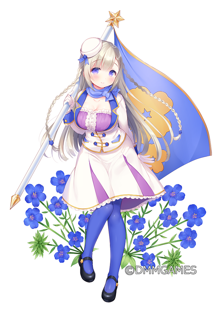 1girl, anagallis_(flower_knight_girl), black_shoes, blue_flower, blue_pantyhose, blush, braid, breasts, brown_hair, center_frills, cleavage, closed_mouth, commentary_request, copyright_notice, dixie_cup_hat, female_focus, flag, flower, flower_knight_girl, frills, full_body, gloves, hair_between_eyes, hand_up, hat, holding, holding_flag, jacket, large_breasts, long_hair, long_sleeves, looking_at_viewer, mary_janes, military_hat, name_connection, object_namesake, official_art, pantyhose, pleated_skirt, purple_eyes, shoes, skirt, smile, solo, standing, standing_on_one_leg, tilted_headwear, twin_braids, usashiro_mani, very_long_hair, watermark, white_gloves, white_hat, white_jacket, white_skirt