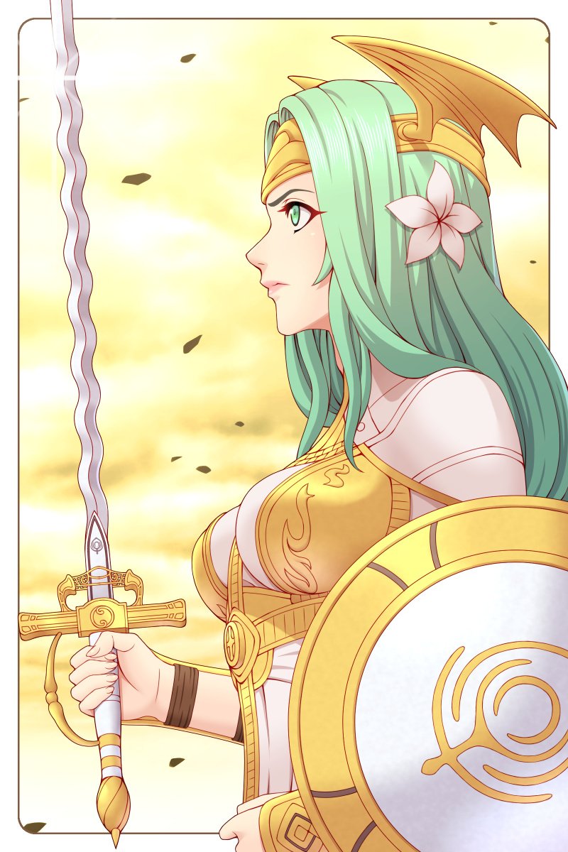 1girl, closed_mouth, female_focus, fire_emblem, fire_emblem:_three_houses, flower, from_side, green_eyes, green_hair, hair_flower, hair_ornament, highres, holding, holding_sword, holding_weapon, ibushi_(oath), long_hair, matching_hair/eyes, nintendo, rhea_(fire_emblem), seiros_(fire_emblem), seiros_shield, shield, solo, sword, sword_of_seiros, upper_body, weapon