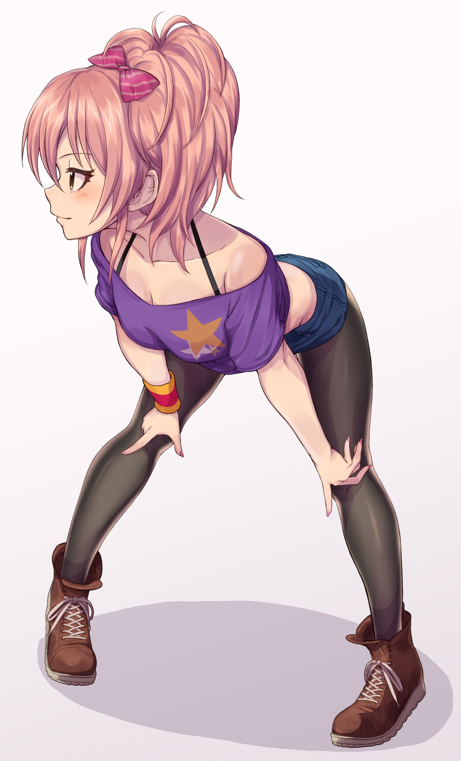 1girl, bare_shoulders, bent_over, black_pantyhose, blush, bow, breasts, brown_eyes