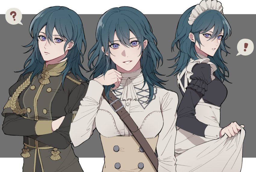!, 1girl, ?, alternate_costume, blue_eyes, blue_hair, buttons, female_byleth_(fire_emblem)