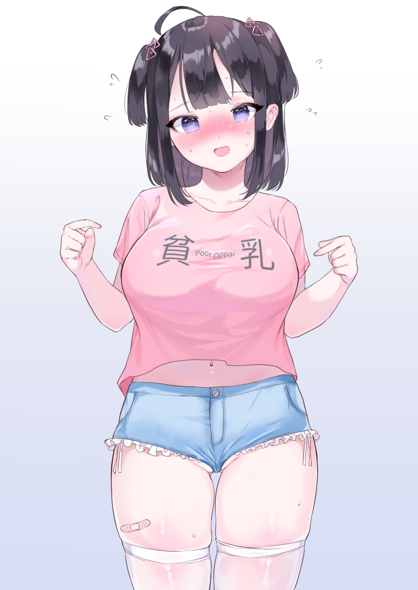 1girl, ahoge, bandaid, black_hair, blush, breasts, chinese_text, crop_top