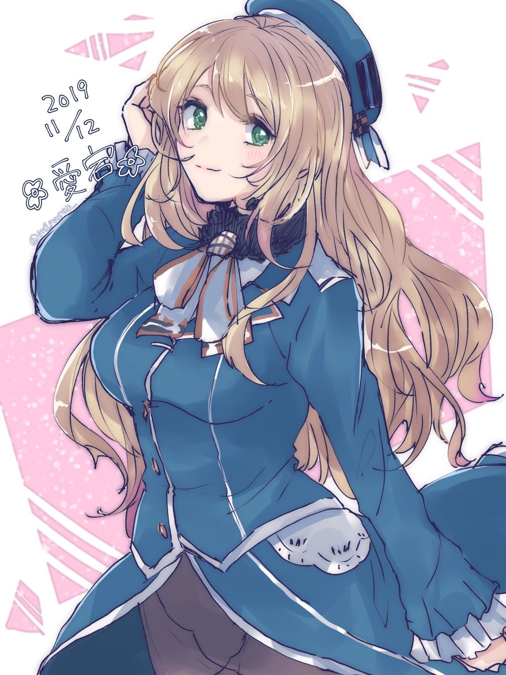 1girl, ascot, atago_(kancolle), bad_id, bad_twitter_id, beret, black_skirt, blonde_hair