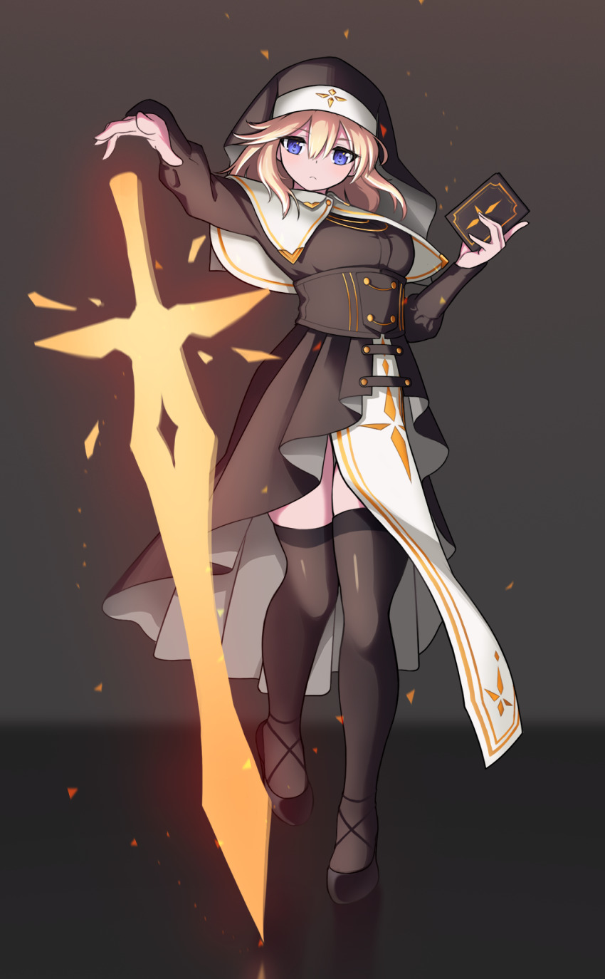 1girl, bible_(object), blonde_hair, blue_eyes, book, commentary_request, energy_sword, energy_weapon