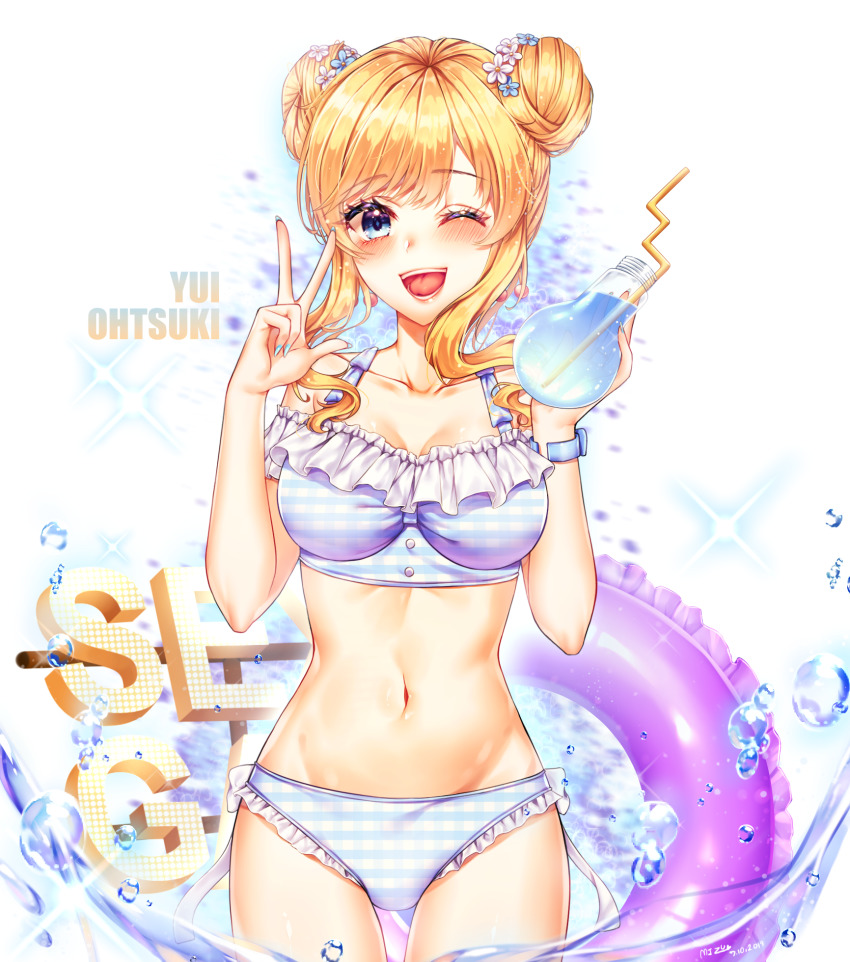 1girl, bad_id, bad_pixiv_id, bikini, blonde_hair, blue_bikini, blue_eyes, blue_flower, blush, bottle, breasts, character_name, cleavage, commentary, double_bun, female_focus, flower, hair_bun, hair_flower, hair_ornament, highres, holding, idolmaster, idolmaster_cinderella_girls, idolmaster_cinderella_girls_starlight_stage, innertube, jewelry, large_breasts, long_hair, looking_at_viewer, navel, nuemi_(namja2012), off_shoulder, ohtsuki_yui, one_eye_closed, open_mouth, smile, solo, swim_ring, swimsuit, teeth, tongue, w, water, wavy_hair, white_flower