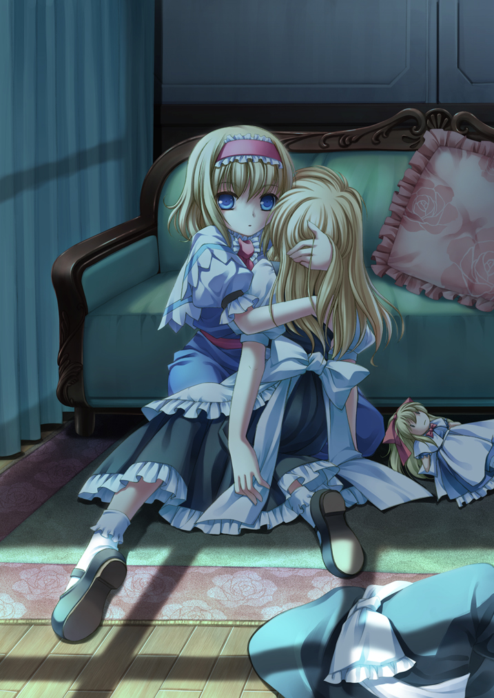 2girls, alice_margatroid, blonde_hair, blue_eyes, couch, creepy, curtains, doll