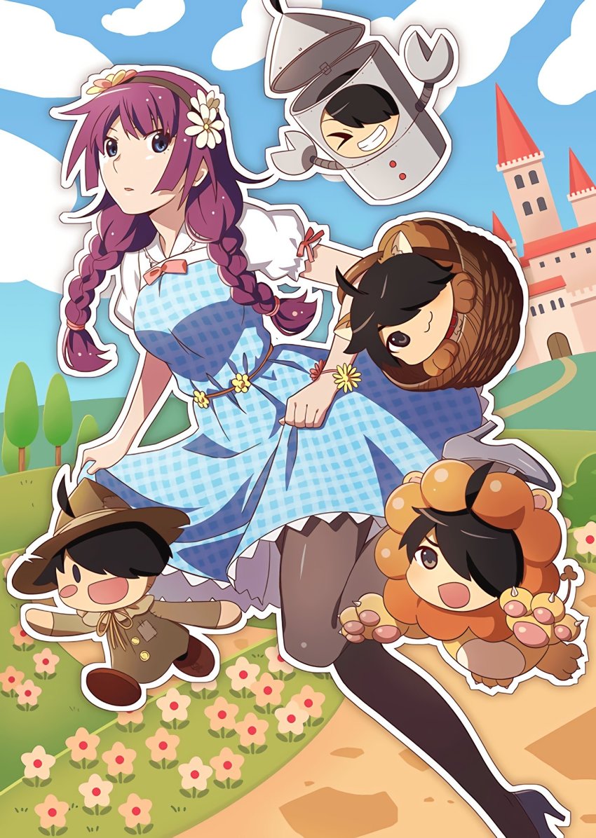 1boy, 1girl, ahoge, araragi_koyomi, bad_id, bad_twitter_id, basket, black_hair, black_hairband, black_pantyhose, blue_dress, blue_eyes, blue_sky, bracelet, braid, breasts, castle, chibi, cloud, cloudy_sky, commentary_request, cosplay, cowardly_lion, cowardly_lion_(cosplay), day, dorothy_gale, dorothy_gale_(cosplay), dress, field, flower, flower_bracelet, flower_field, full_body, grey_footwear, hair_flower, hair_ornament, hair_over_one_eye, hairband, high_heels, highres, holding, holding_unworn_clothes, jewelry, juliet_sleeves, leg_up, long_sleeves, looking_at_viewer, medium_breasts, medium_hair, monogatari_(series), monogatari_series_puc_puc, outdoors, outline, pantyhose, puffy_sleeves, purple_hair, scarecrow_(the_wizard_of_oz), scarecrow_(twooz)_(cosplay), senjougahara_hitagi, short_sleeves, sidelocks, sky, the_wizard_of_oz, tin_man_(cosplay), tin_man_(the_wizard_of_oz), twin_braids, twintails, watanabe_akio