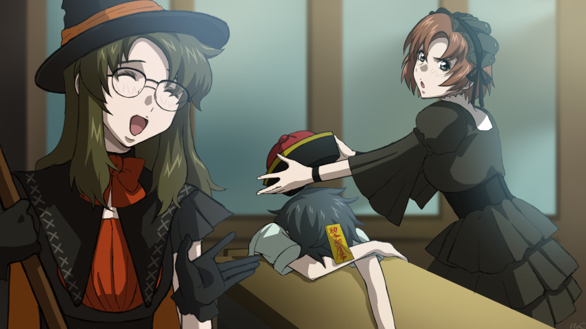 1boy, 2girls, :d, ^_^, black-framed_eyewear, black_dress, black_gloves, black_hair