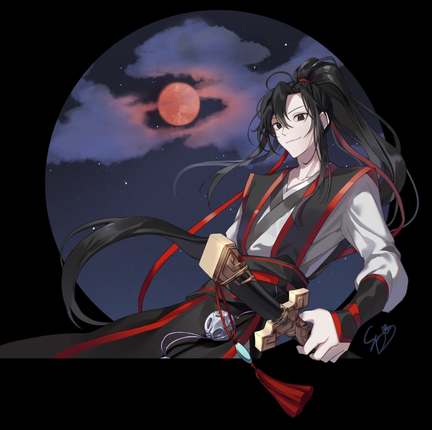 1boy, 600so, artist_name, bell, black_hair, cloud, hair_between_eyes, highres, long_hair, long_sleeves, male_focus, modao_zushi, moon, night, ponytail, red_moon, red_ribbon, ribbon, sheath, sheathed, sky, smile, solo, standing, sword, sword_tassel, tassel, very_long_hair, weapon, weapon_tassel, wei_wuxian, wei_wuxian_(yunmeng_clan)