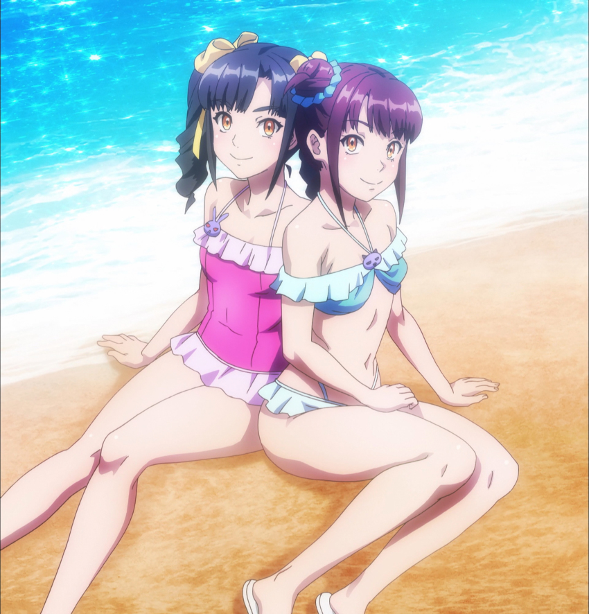 10s, 2girls, anime_screenshot, beach, bikini, black_hair, breasts, brown_hair, closed_mouth, day, double_bun, hair_bun, highres, kandagawa_jet_girls, looking_at_viewer, multiple_girls, navel, one-piece_swimsuit, outdoors, pan_dina, pan_ziyu, siblings, sisters, sitting, small_breasts, smile, stitched, swimsuit, thighs, third-party_edit, twins, twintails, yellow_eyes