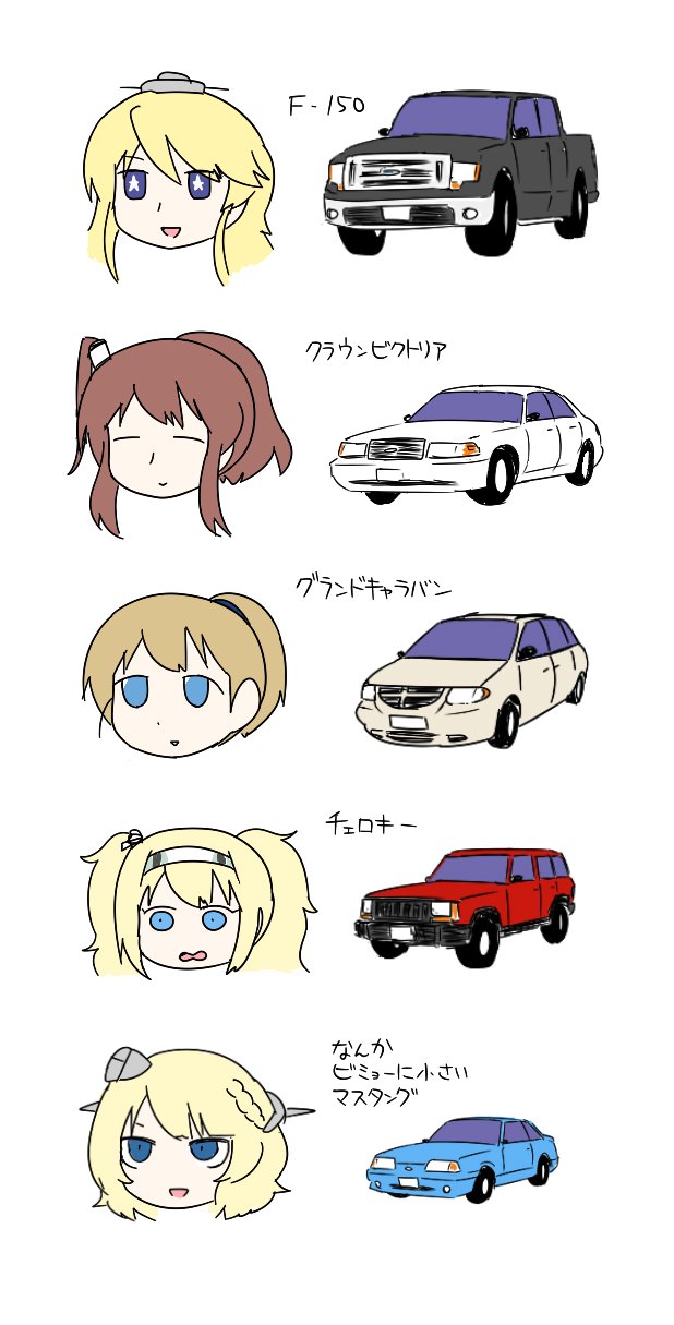 5girls, :d, big_hair, blonde_hair, blue_eyes, braid, brown_hair, car