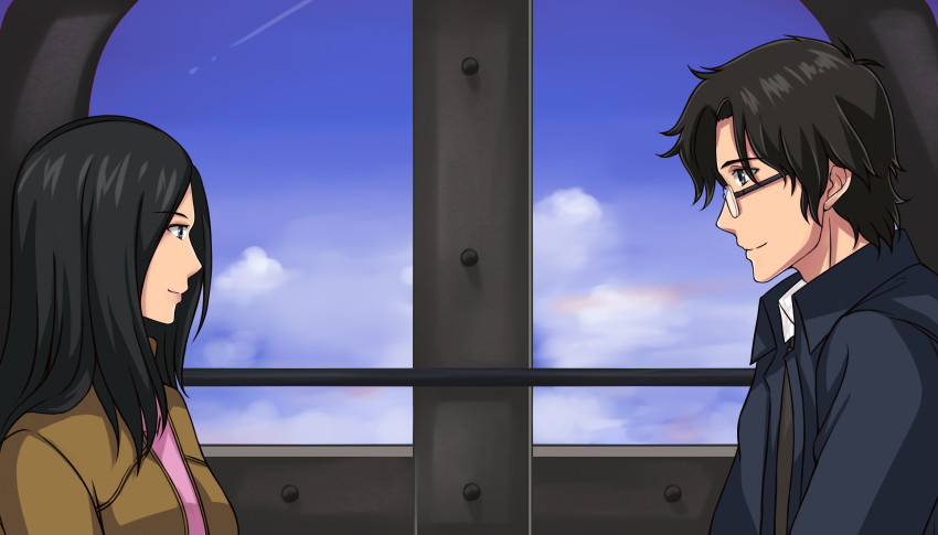 1boy, 1girl, absurdres, black_eyes, black_hair, black_jacket, blue_sky, brown_jacket