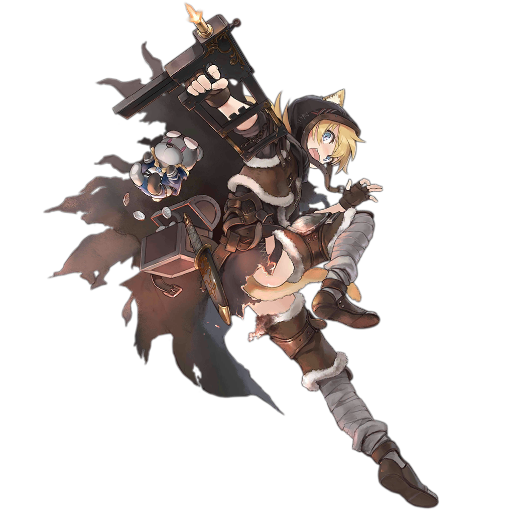 1girl, animal_ears, black_cape, blonde_hair, blue_eyes, brown_gloves, bushman_ltd., cape