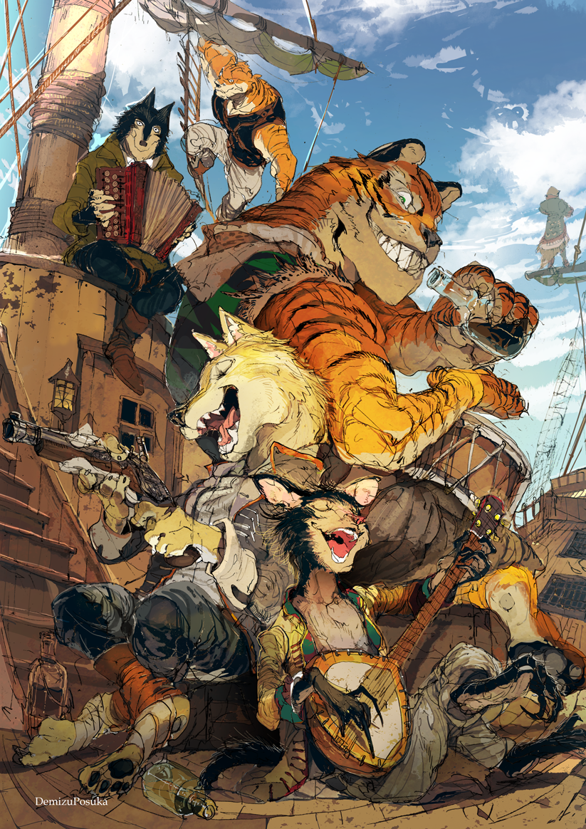 6+boys, artist_name, boat, bottle, demizu_posuka, drum, closed_eyes, flintlock_pistol