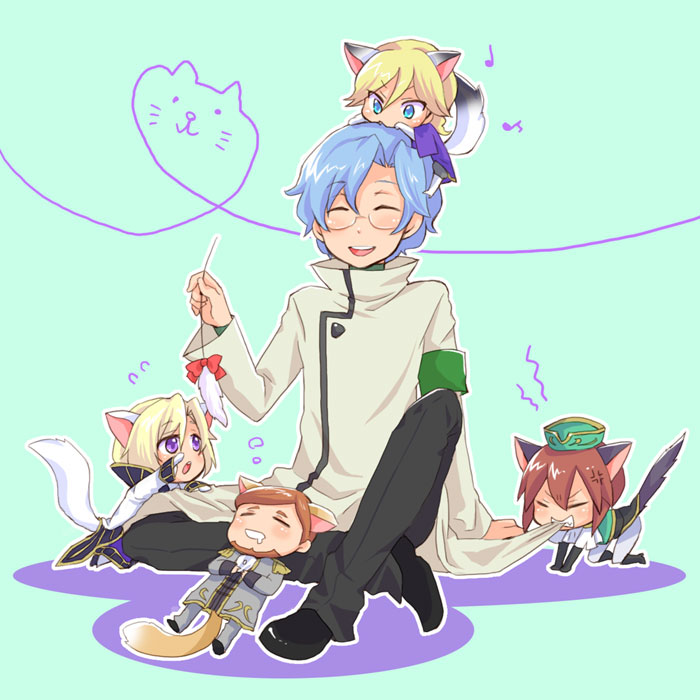 00s, 5boys, animal_ears, blush, cat_teaser, catnip, chibi, clovis_la_britannia, code_geass, kannon_maldini, lloyd_asplund, maki_(maki88), male_focus, multiple_boys, odysseus_eu_britannia, schneizel_el_britannia, sleeping, tail