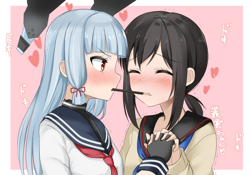 2girls, beige_cardigan, black_hair, black_sailor_collar, blue_neckwear, blunt_bangs, blush, border