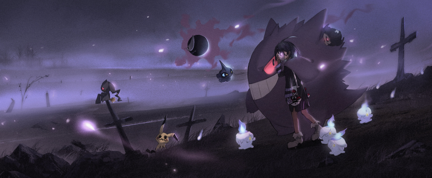 1boy, absurdres, ahoge, allister_(pokemon), bag, banette, black_hair, cross