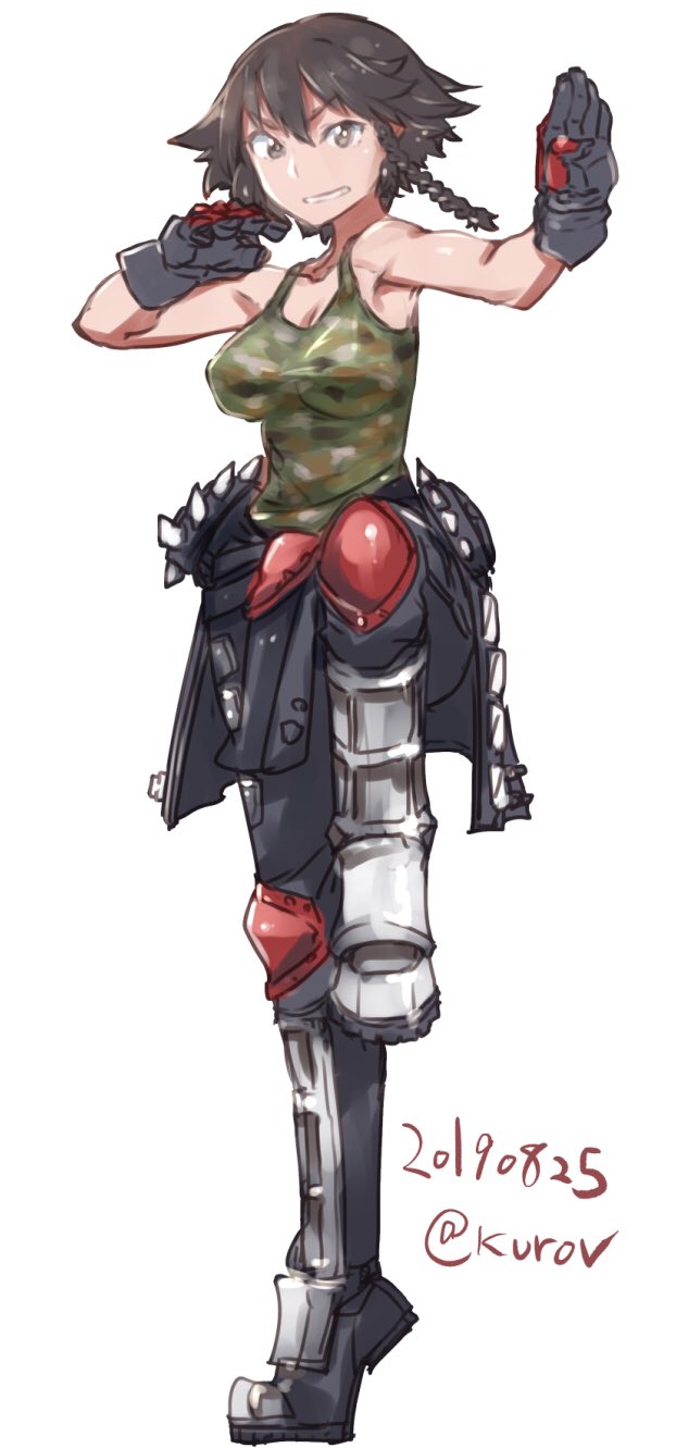 1girl, abaratani_kurou, armor, black_gloves, black_hair, black_jacket, black_pants, braid, breasts, brown_eyes, camouflage, camouflage_shirt, capcom, cleavage, clothes_around_waist, commentary_request, cosplay, dated, female_focus, fighting_stance, girls_und_panzer, gloves, greaves, green_shirt, grey_footwear, grin, highres, jacket, jacket_around_waist, justice_gakuen, kazama_akira, kazama_akira_(cosplay), knee_pads, leg_up, looking_at_viewer, medium_breasts, one-hour_drawing_challenge, pants, partial_commentary, pepperoni_(girls_und_panzer), shiritsu_justice_gakuen, shirt, short_hair, side_braid, simple_background, smile, solo, spiked_jacket, spikes, standing, standing_on_one_leg, street_fighter, tank_top, twitter_username, v-shaped_eyebrows, white_background