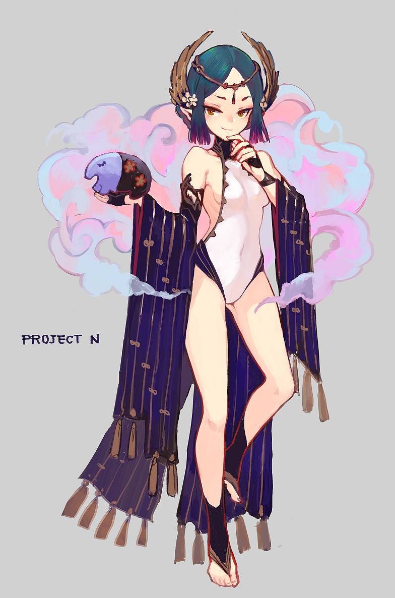 1girl, bare_shoulders, black_gloves, black_legwear, blue_hair, breasts, brown_eyes, circlet