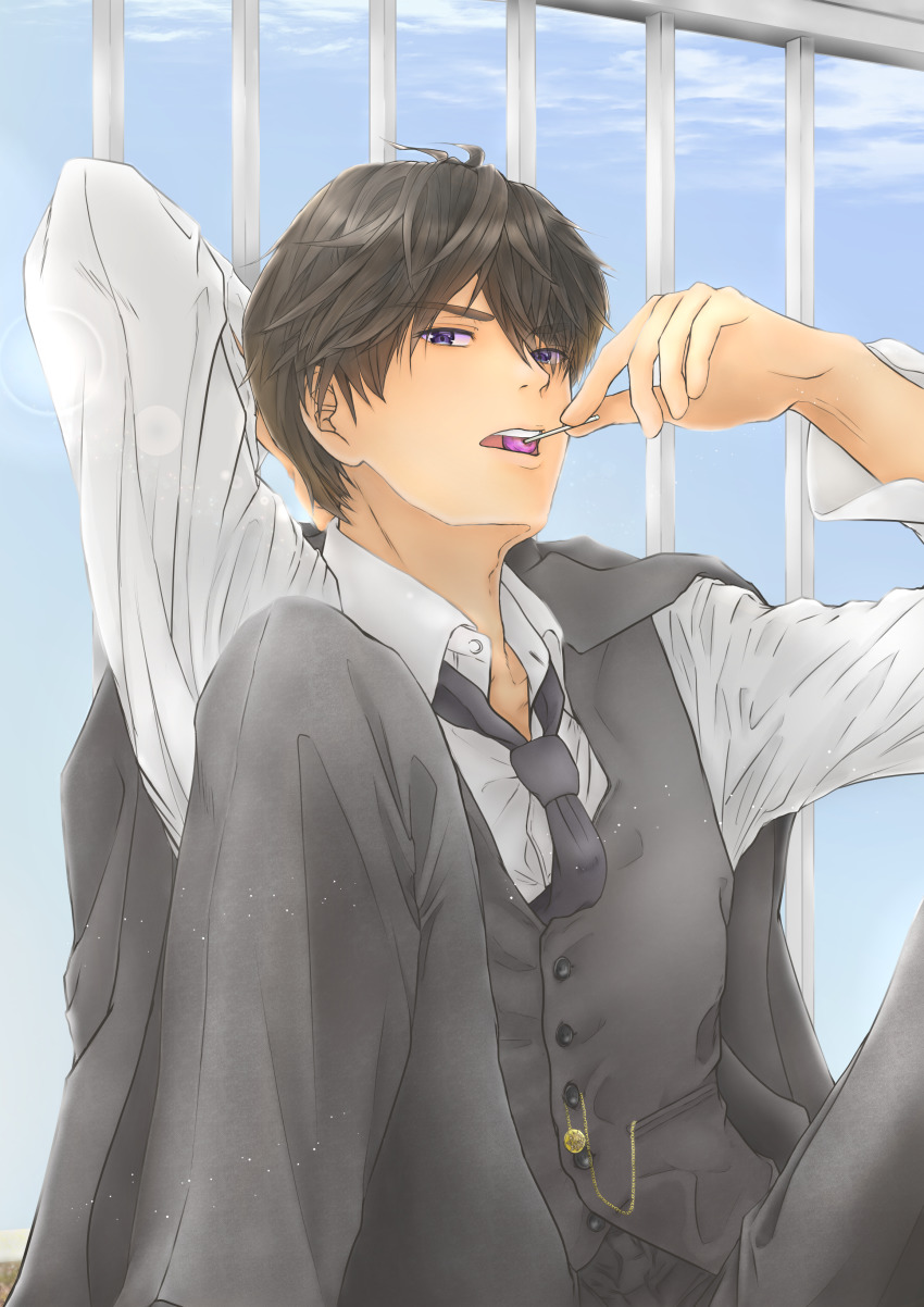 1boy, absurdres, arms_up, black_hair, black_necktie, black_pants, black_vest, blazer, blue_sky, candy, crow_(king's_raid), day, ennu, food, formal_clothes, highres, king's_raid, knees_up, lens_flare, lollipop, looking_at_viewer, male_focus, necktie, pants, purple_eyes, railing, shirt, sitting, sky, solo, suit, unworn_blazer, vest, white_shirt