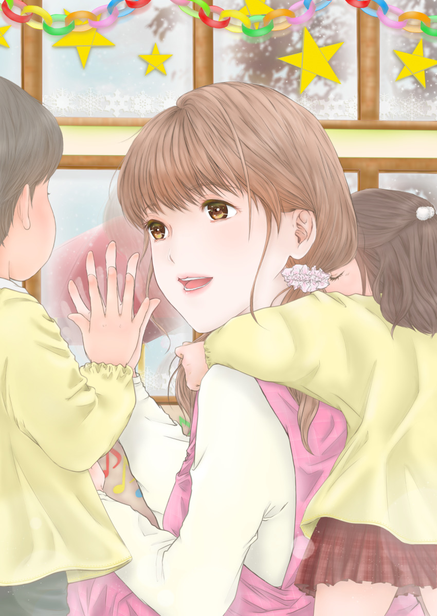 1boy, 2girls, :d, black_shorts, brown_eyes, brown_hair, child, eighth_note, ennu, eye_contact, closed_eyes, frills, hair_bobbles, hair_ornament, highres, hug, hug_from_behind, kindergarten, long_sleeves, looking_at_another, multiple_girls, musical_note, open_mouth, original, paper_chain, pink_skirt, red_skirt, reflection, scrunchie, shirt, shorts, sitting, skirt, smile, snowflakes, star_(symbol), teacher, window, yellow_shirt