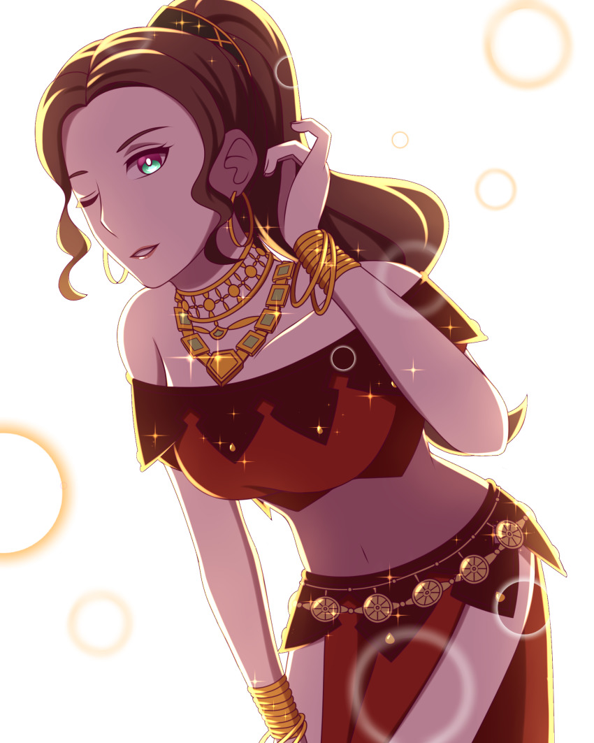 1girl, absurdres, bangle, bracelet, brown_hair, commentary, cosplay, dancer, dorothea_arnault, earrings, english_commentary, fire_emblem, fire_emblem:_three_houses, highres, hoop_earrings, jewelry, necklace, nintendo, octopath_traveler, octopath_traveler_i, one_eye_closed, pelvic_curtain, pigeonsenpai, ponytail, primrose_azelhart, primrose_azelhart_(cosplay), strapless, trait_connection