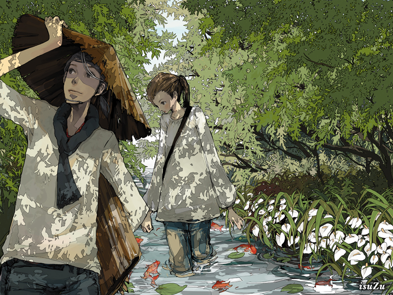 1boy, 1girl, cala_lily, dappled_sunlight, fish, flower, forest, hat