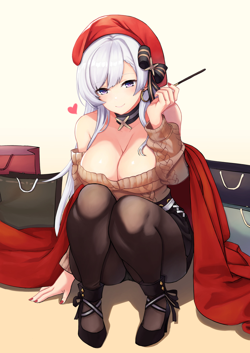 1girl, absurdres, ankle_ribbon, azur_lane, bag, bare_shoulders, belfast_(azur_lane), belfast_(shopping_with_the_head_maid)_(azur_lane), black_panties, black_ribbon, black_skirt, blue_eyes, blush, breasts, brown_sweater, choker, cleavage, collarbone, earrings, food, hair_ribbon, hawood, heart, high_heels, highres, holding, holding_food, jewelry, large_breasts, leg_ribbon, long_hair, looking_at_viewer, nail_polish, off-shoulder_sweater, off_shoulder, panties, pantyhose, pencil_skirt, pocky, purple_eyes, red_headwear, red_nails, ribbon, shadow, skirt, smile, squatting, sweater, underwear, white_hair