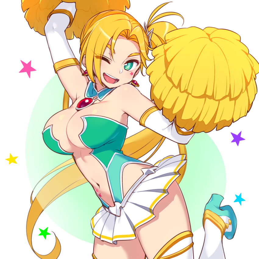 1girl, ;d, arm_up, blonde_hair, boots, breasts, brooch, calamity_jane_(fate)