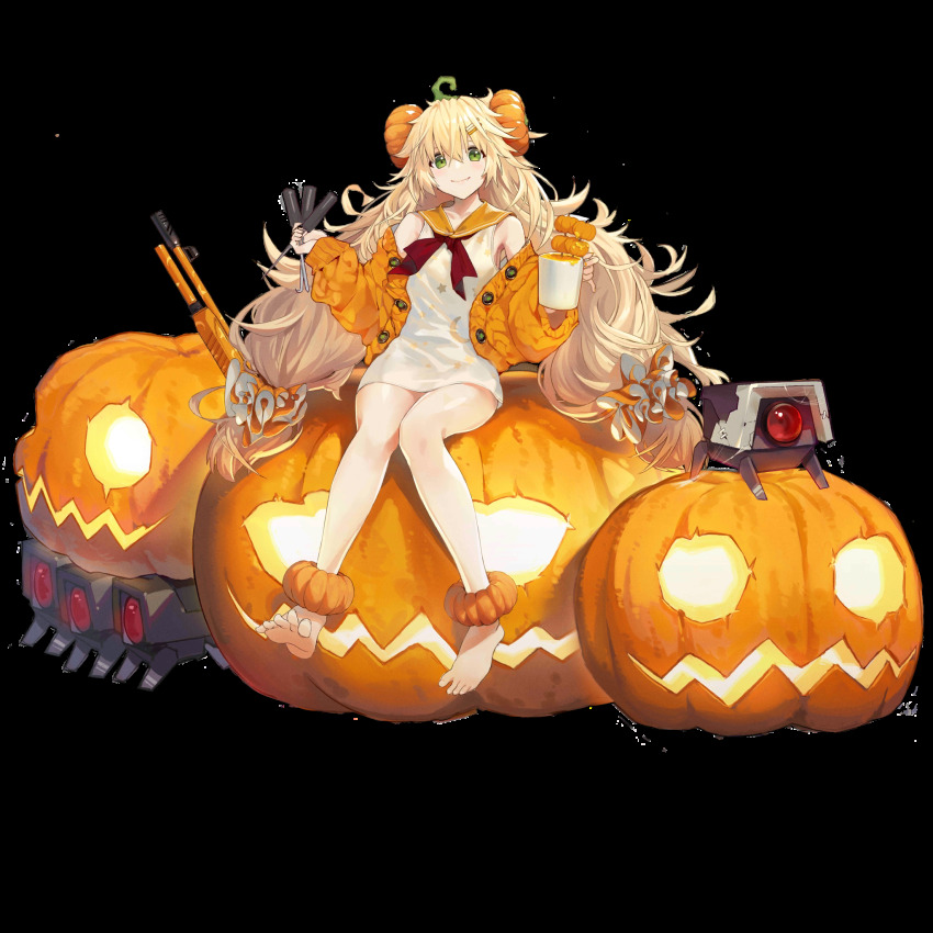 1girl, baggy_clothes, barefoot, blonde_hair, blush, breasts, cardigan, cup