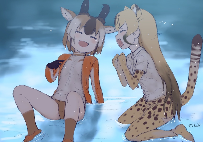 2girls, :d, animal_ears, animal_print, arm_support, bare_legs, blonde_hair, brown_hair