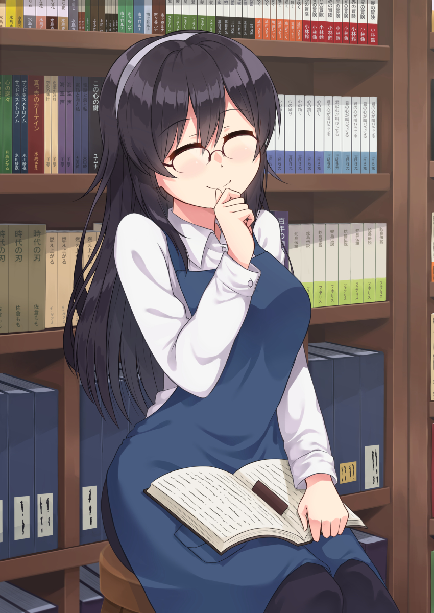 1girl, absurdres, apron, black_hair, book, bookshelf, closed_eyes, far_is_a