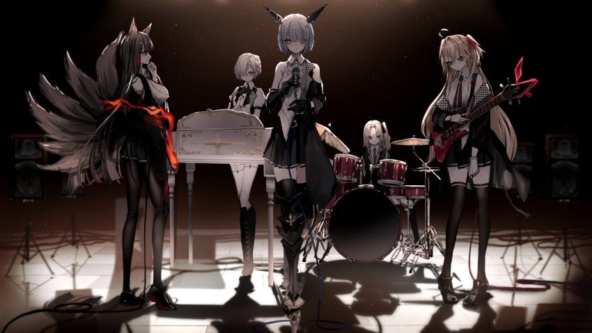 5girls, admiral_hipper_(azur_lane), admiral_hipper_(muse)_(azur_lane), ahoge, akagi_(azur_lane), akagi_(muse)_(azur_lane), alternate_costume, animal_ears, armored_boots, azur_lane, black_hair, black_jacket, black_legwear, black_skirt, boots, breasts, brown_hair, cleveland_(azur_lane), cleveland_(muse)_(azur_lane), collared_shirt, commentary_request, dark, drum, drum_set, electric_guitar, fire, fox_ears, fox_girl, fox_tail, gascogne_(azur_lane), gascogne_(muse)_(azur_lane), guitar, holding, holding_instrument, holding_microphone, idol, instrument, jacket, kitsune, large_breasts, long_hair, long_sleeves, looking_at_viewer, microphone, miniskirt, multiple_girls, multiple_tails, narue, off_shoulder, open_clothes, open_jacket, pantyhose, piano, polaris_(azur_lane), shadow, sheffield_(azur_lane), sheffield_(muse)_(azur_lane), shirt, shoes, short_hair, skirt, sleeveless, sleeveless_shirt, speaker, standing, tail, thigh_boots, thighhighs, very_long_hair, white_shirt, zettai_ryouiki