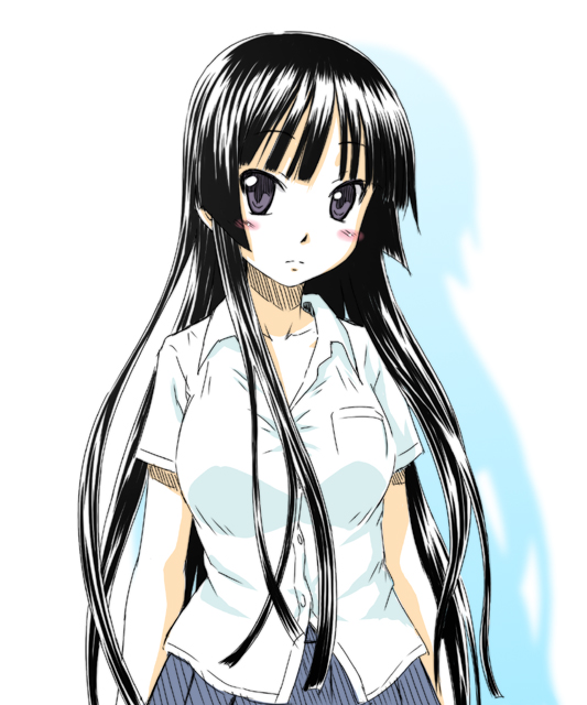 00s, 1girl, akiyama_mio, black_hair, blunt_bangs, blush, breasts, female_focus