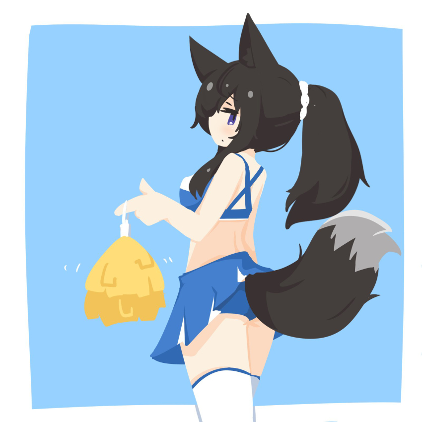 1girl, animal_ears, ass, azaminn, big_o_pants, black_tail, blue_background, blue_dress, blue_panties, blue_skirt, bow, cheerleader, clothes_lift, crop_top, dress, fox_ears, fox_girl, fox_tail, hair_bow, highres, lifted_by_tail, long_hair, looking_at_viewer, midriff, miniskirt, panties, pantyshot, pleated_skirt, pom_pom_(cheerleading), ponytail, purple_eyes, shirt, simple_background, skirt, skirt_lift, sleeveless, sleeveless_shirt, standing, stomach, tail, tail_raised, thighhighs, underbutt, underwear, upskirt, white_thighhighs, wide_ponytail