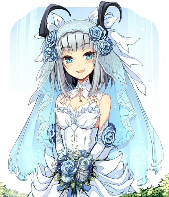 1girl, bouquet, dragon_girl, dragon_horns, dress, female_focus, flower, gloves, green_eyes, grey_hair, holding, holding_bouquet, horns, key, open_mouth, rune_factory, rune_factory_4, solo, syelzaweed, uruu_gekka, veil, wedding_dress, white_dress, white_gloves