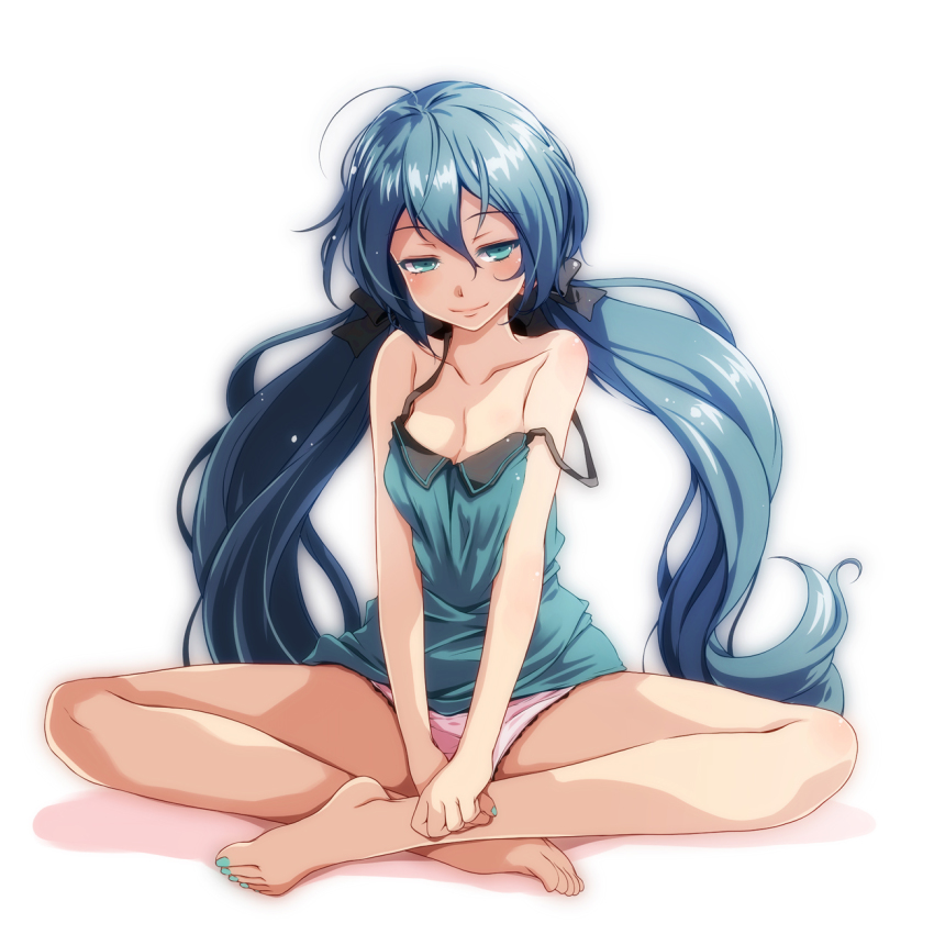 1girl, ahoge, aqua_eyes, aqua_hair, bare_arms, bare_legs, bare_shoulders, barefoot, black_ribbon, blue_hair, breasts, camisole, cleavage, closed_mouth, collarbone, female_focus, full_body, hair_ribbon, half-closed_eyes, hatsune_miku, hatsune_miku_(green_ponpoko), highres, indian_style, long_hair, nail_polish, naughty_face, panties, pink_panties, project_diva_(series), ribbon, simple_background, sitting, small_breasts, smile, solo, strap_slip, toenail_polish, toenails, tsukishiro_saika, twintails, underwear, very_long_hair, vocaloid, white_background