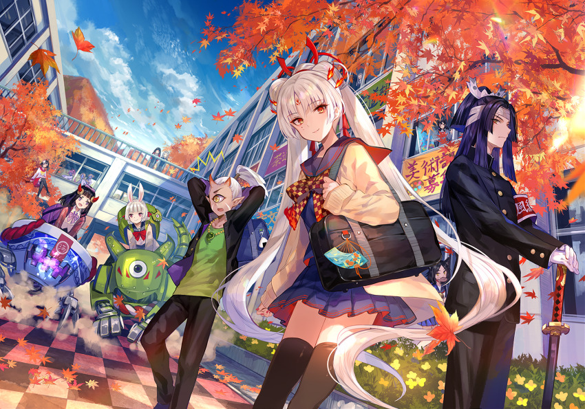 2boys, 6+girls, animal_ears, armband, arms_behind_head, arms_up, autumn, autumn_leaves