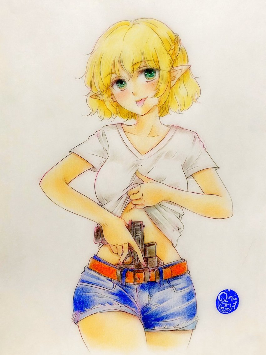 1girl, artist_name, belt, blonde_hair, braid, clothes_lift, colored_pencil_(medium), concealed_weapon, cowboy_shot, cropped_legs, cutoffs, denim, denim_shorts, drawing_gun, female_focus, glock, green_eyes, gun, half_up_braid, handgun, highres, holster, lifting_own_clothes, looking_at_viewer, midriff, mizuhashi_parsee, pistol, pointy_ears, q-bee_(aaru), shirt, shirt_lift, short_hair, short_shorts, shorts, solo, tongue, tongue_out, touhou, traditional_media, weapon, white_background, white_shirt