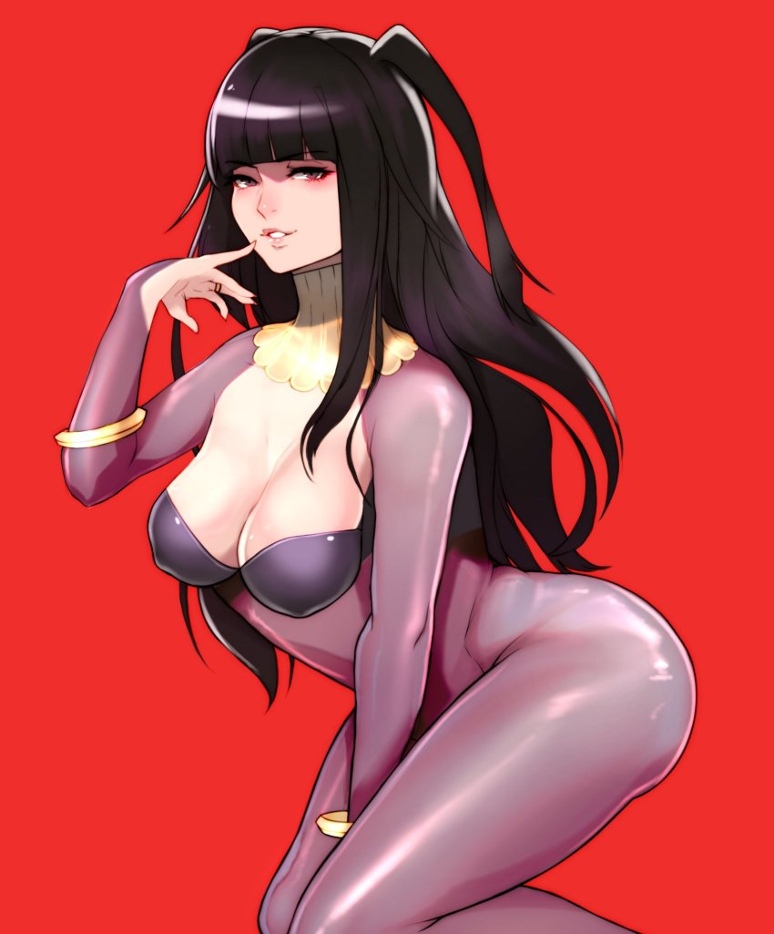 1girl, alex_(cerealex), armlet, black_eyes, black_hair, bodystocking, bodysuit, breasts, bridal_gauntlets, cleavage, commentary, female_focus, fingernails, fire_emblem, fire_emblem_awakening, fire_emblem_heroes, hand_up, highres, jewelry, lips, long_hair, looking_at_viewer, matching_hair/eyes, medium_breasts, nintendo, parted_lips, red_background, shiny_clothes, simple_background, skin_tight, smile, solo, tharja_(fire_emblem), thighs, turtleneck, two_side_up
