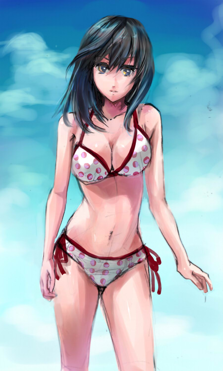 1girl, bad_id, bad_pixiv_id, bikini, black_hair, breasts, brown_eyes, cleavage