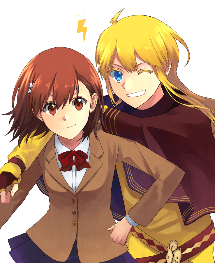 2girls, ;d, ahoge, black_gloves, blonde_hair, blue_skirt, bow, bowtie