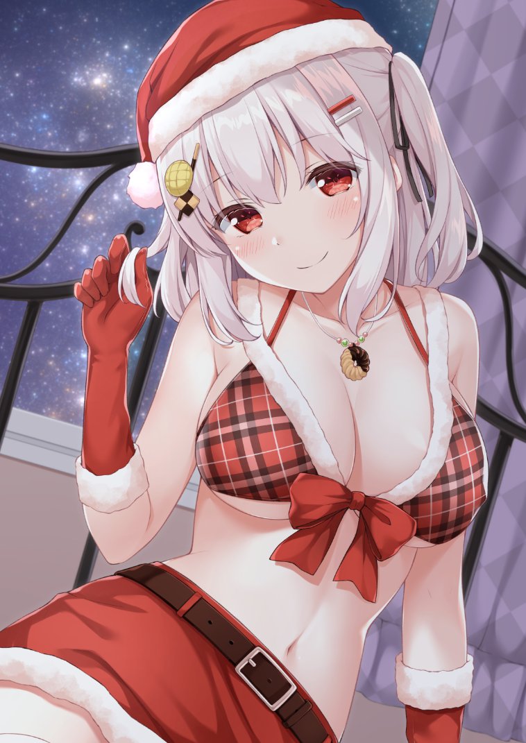 1girl, bare_shoulders, belt, bikini, bikini_top_only, bread_hair_ornament, breasts, christmas, cleavage, closed_mouth, collarbone, cookie_hair_ornament, covered_erect_nipples, curtains, female_focus, food-themed_hair_ornament, food-themed_necklace, front-tie_bikini_top, front-tie_top, gloves, hair_ornament, hair_ribbon, hairclip, hand_up, hat, jewelry, karutamo, large_breasts, long_hair, looking_at_viewer, miniskirt, navel, necklace, original, plaid_bikini, plaid_clothes, red_bikini, red_eyes, red_gloves, red_hat, red_skirt, ribbon, santa_bikini, santa_costume, santa_hat, sidelocks, silver_hair, skirt, sky, smile, solo, star_(sky), starry_sky, stomach, swimsuit, tisshu_(karutamo), two_side_up, upper_body