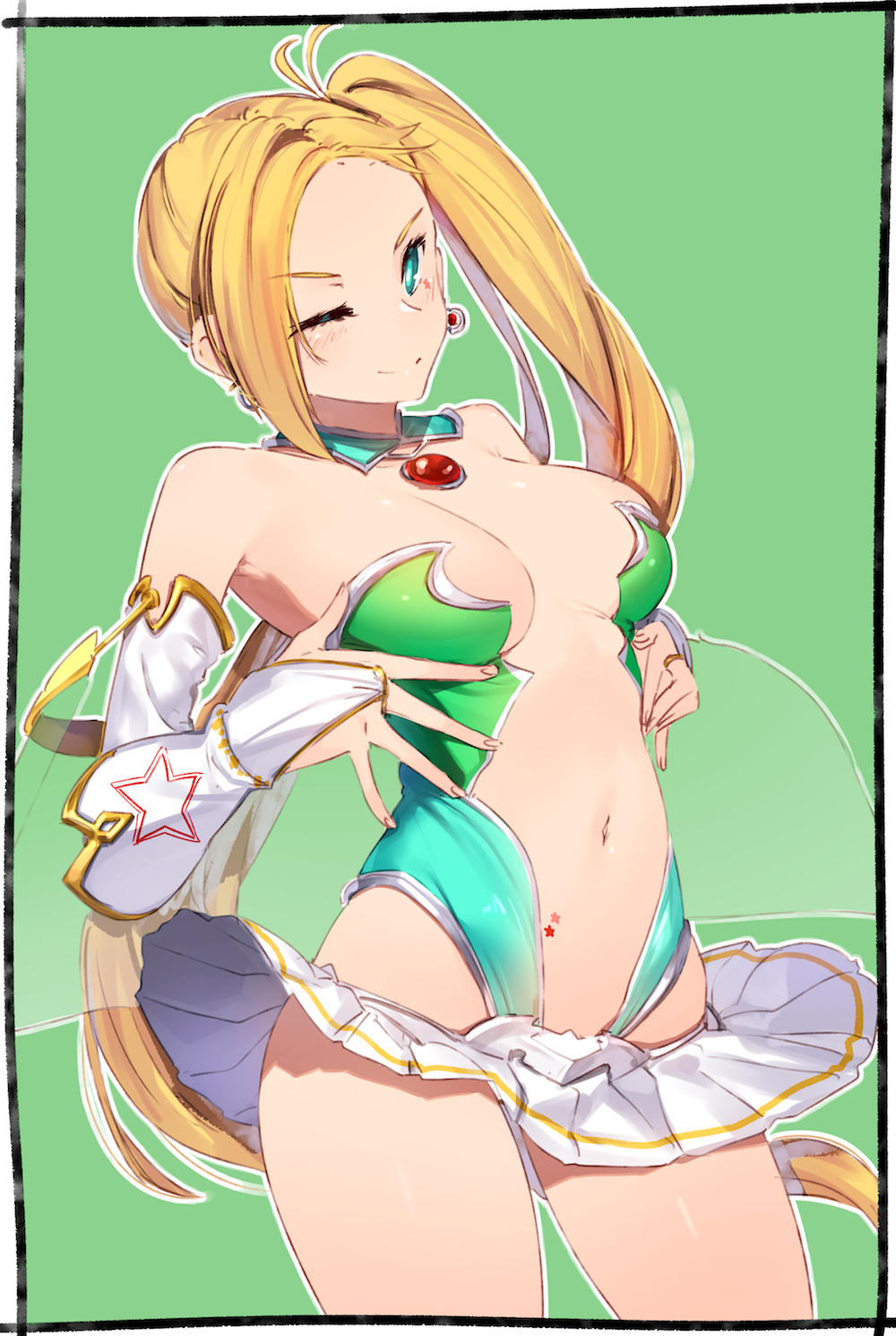 1girl, ;), aqua_eyes, arm_guards, armpits, bare_hips, bare_shoulders, blonde_hair
