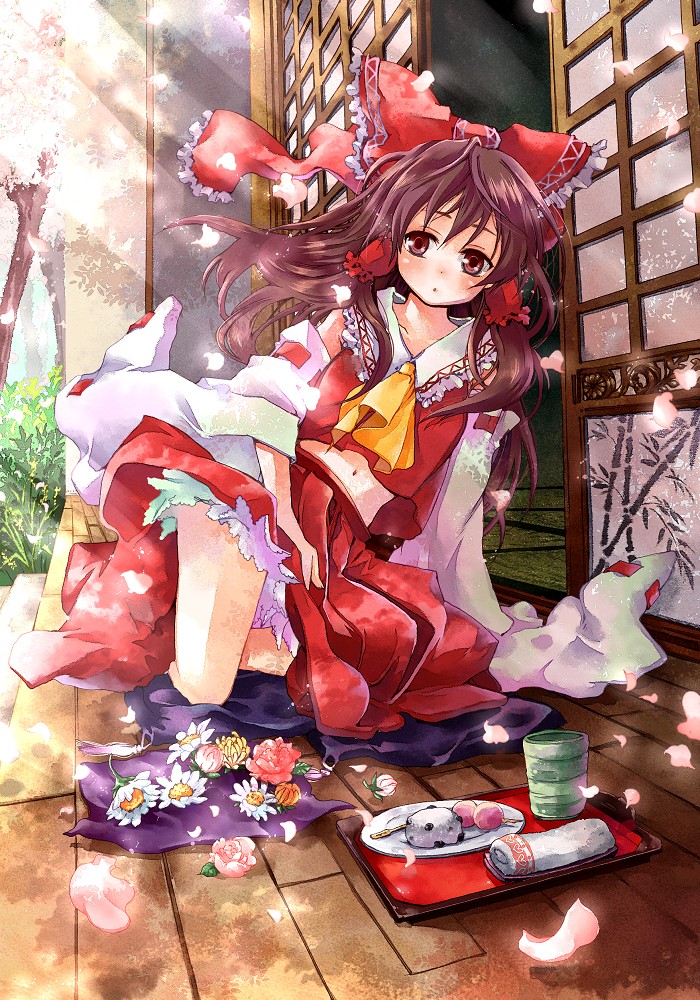 1girl, :o, bad_id, bad_pixiv_id, blush, brown_hair, cherry_blossoms, cup