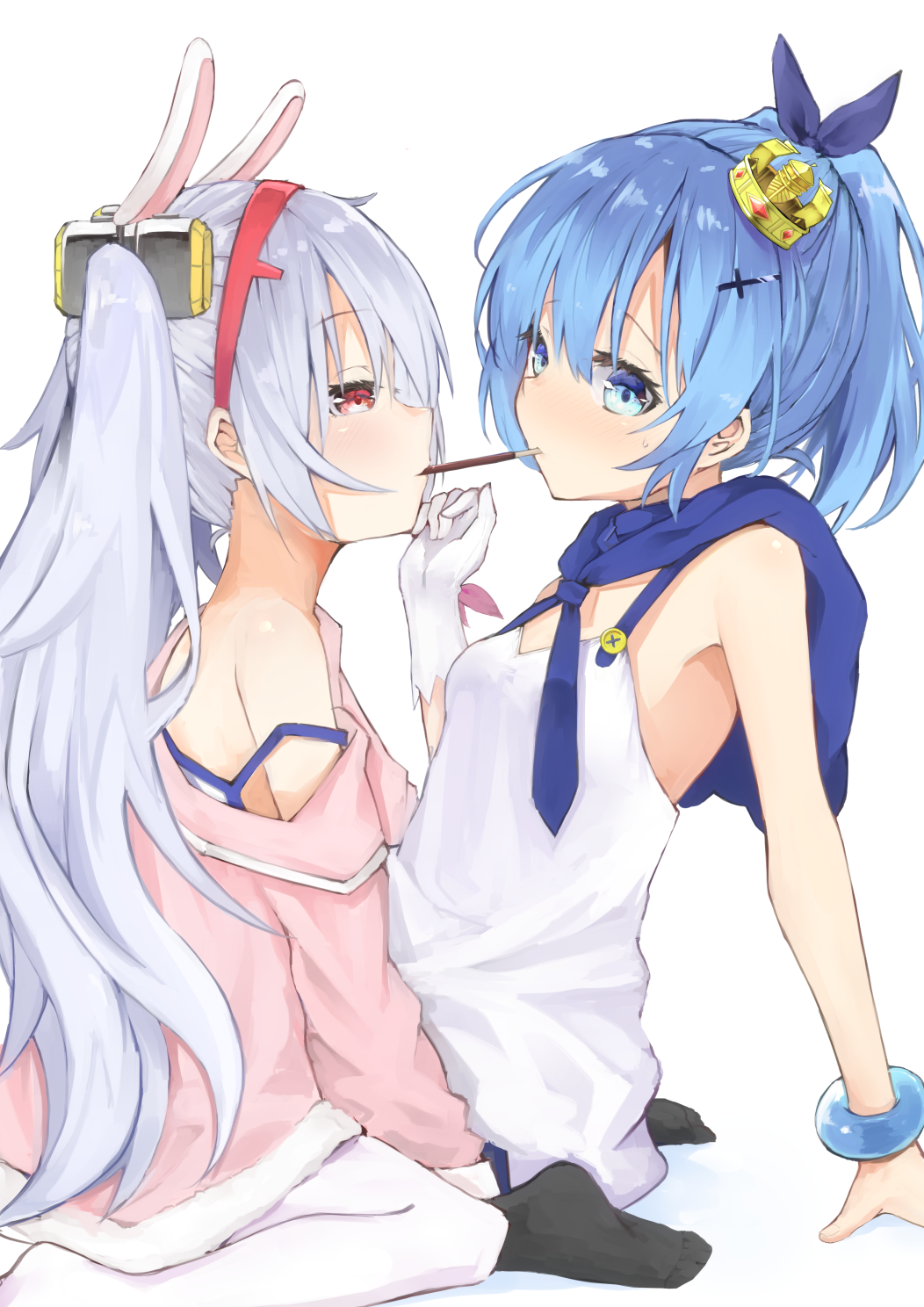 2girls, alternate_eye_color, alternate_hair_color, animal_ears, armpits, azur_lane, black_legwear, blue_eyes, blue_hair, choro_tofu, crown, fake_animal_ears, gloves, hairband, highres, javelin_(azur_lane), laffey_(azur_lane), long_hair, looking_at_another, medium_hair, mini_crown, multiple_girls, off_shoulder, pantyhose, pocky_day, ponytail, red_eyes, shirt, simple_background, single_glove, sleeveless, sleeveless_shirt, twintails, white_gloves, white_hair, white_legwear, yuri