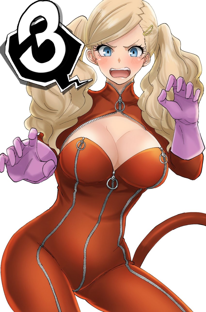 1girl, blonde_hair, blue_eyes, blush, bodysuit, breasts, cleavage, earrings, female_focus, hair_ornament, hairclip, highres, jewelry, kurosususu, large_breasts, open_mouth, persona, persona_5, red_bodysuit, simple_background, solo, spoken_number, takamaki_anne, white_background, zipper