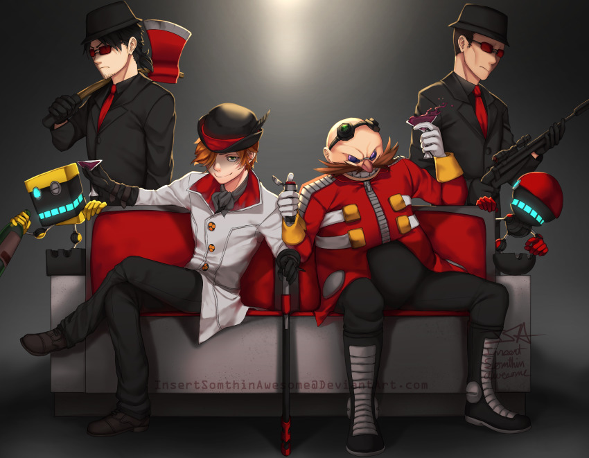 4boys, artist_name, axe, beard, black_footwear, black_gloves, black_hair, black_headwear, black_jacket, black_pants, boots, bowler_hat, brown_hair, buttons, cane, cane_gun, closed_mouth, collar, collared_jacket, couch, crossover, cubot, dr._eggman, eyewear_on_head, facial_hair, full_body, glasses, gloves, gun, hair_over_one_eye, hat, highres, holding, holding_axe, holding_cane, holding_gun, holding_weapon, insertsomthinawesome, jacket, long_sleeves, looking_at_viewer, male_focus, multiple_boys, mustache, necktie, open_mouth, orbot, pants, roman_torchwick, rwby, sitting, smile, sonic_(series), standing, stick, top_hat, weapon, white_gloves